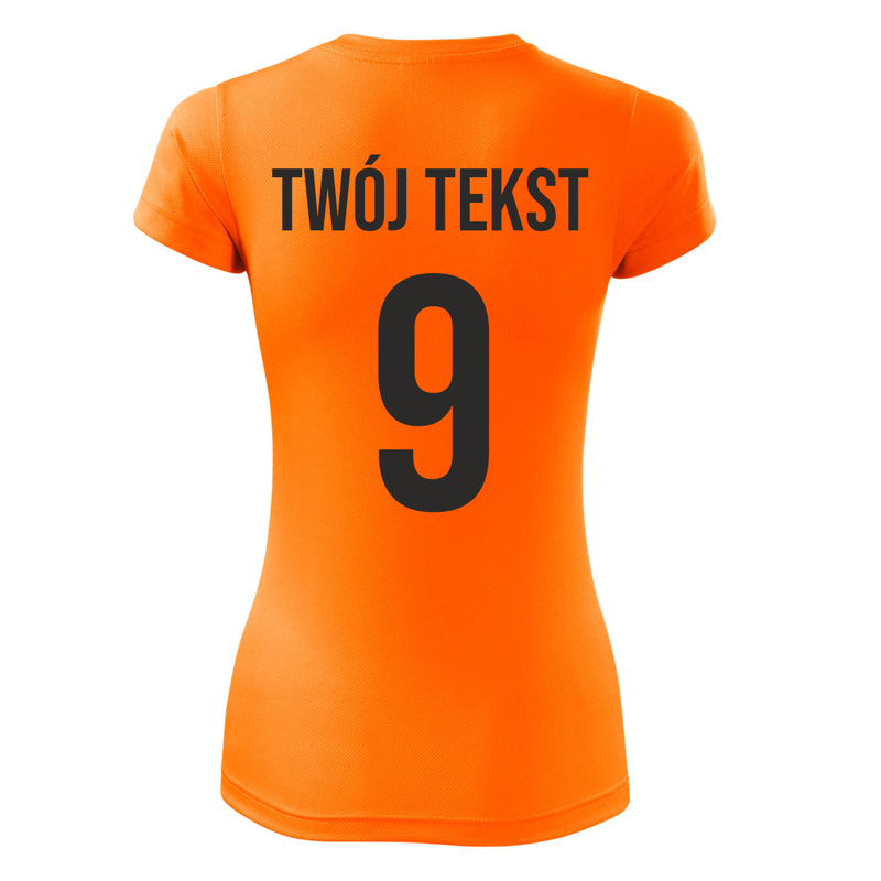 Koszulka sportowa DAMSKA z nadrukiem z własnym napisem i numerem - piłkarska, do siatkówki.
