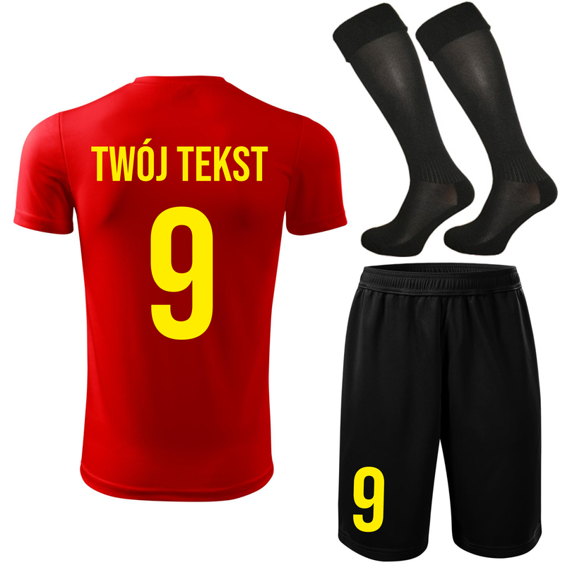 Strój piłkarski z nadrukiem - personalizowany - z własnym napisem i numerem - 3 częściowy
