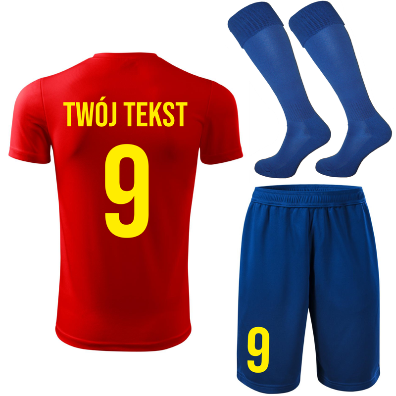 Strój piłkarski z nadrukiem - personalizowany - z własnym napisem i numerem - 3 częściowy